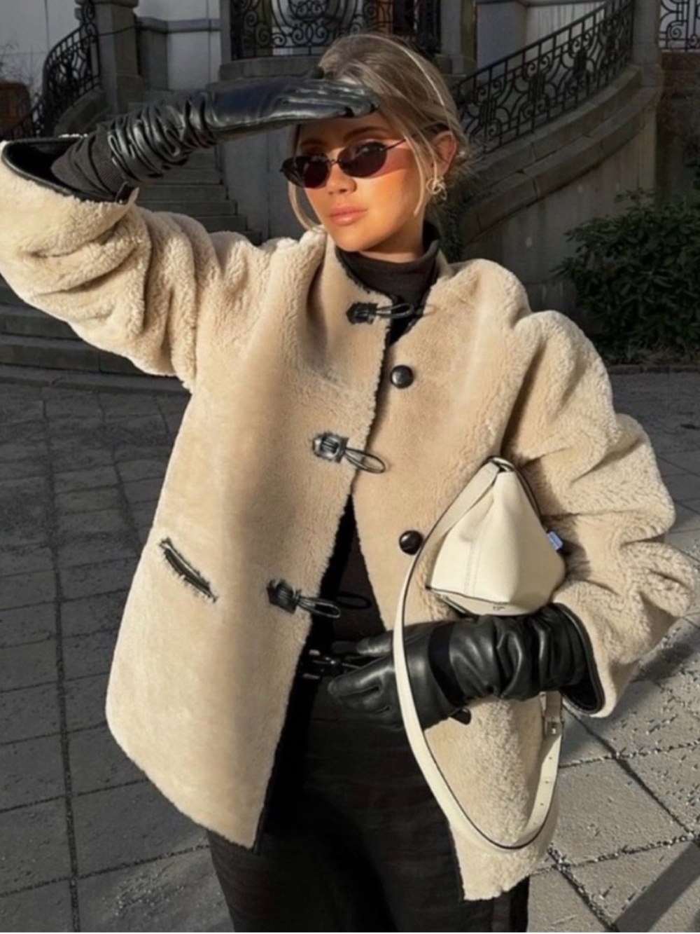 Mango Beige Teddy Shearling Toggle Coat